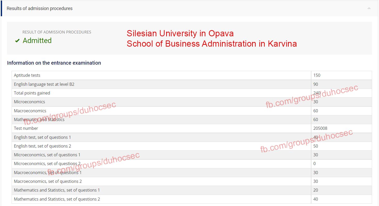 Kết quả apply trường Silesian University in Opava của một bạn được mình hỗ trợ